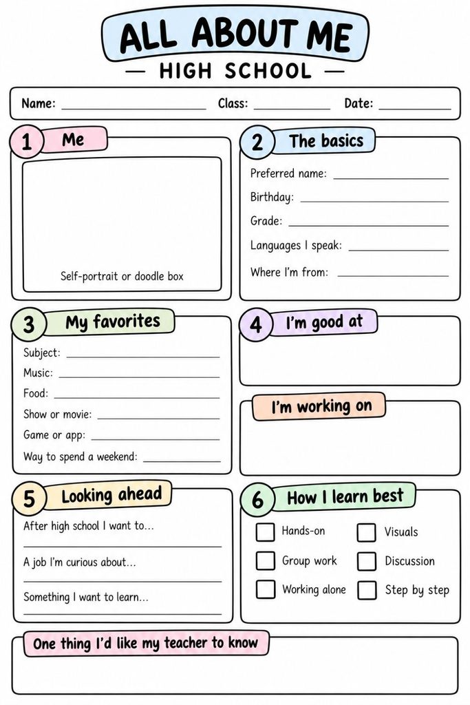 All About Me High School Worksheet