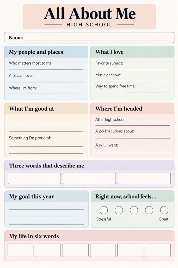 All About Me High School Worksheet
