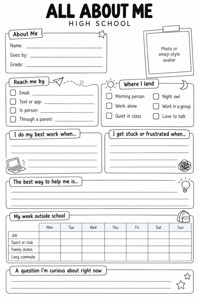 All About Me High School Worksheet