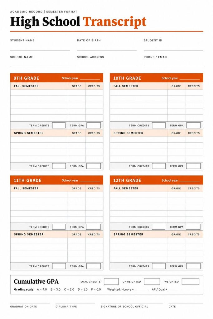 Blank High School Transcript Template