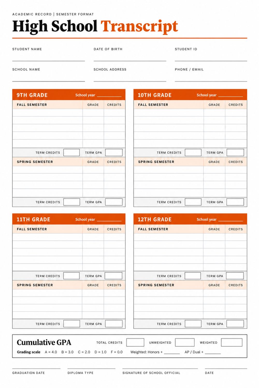 Blank High School Transcript Templates (Printable PDF) - TheHighSchooler