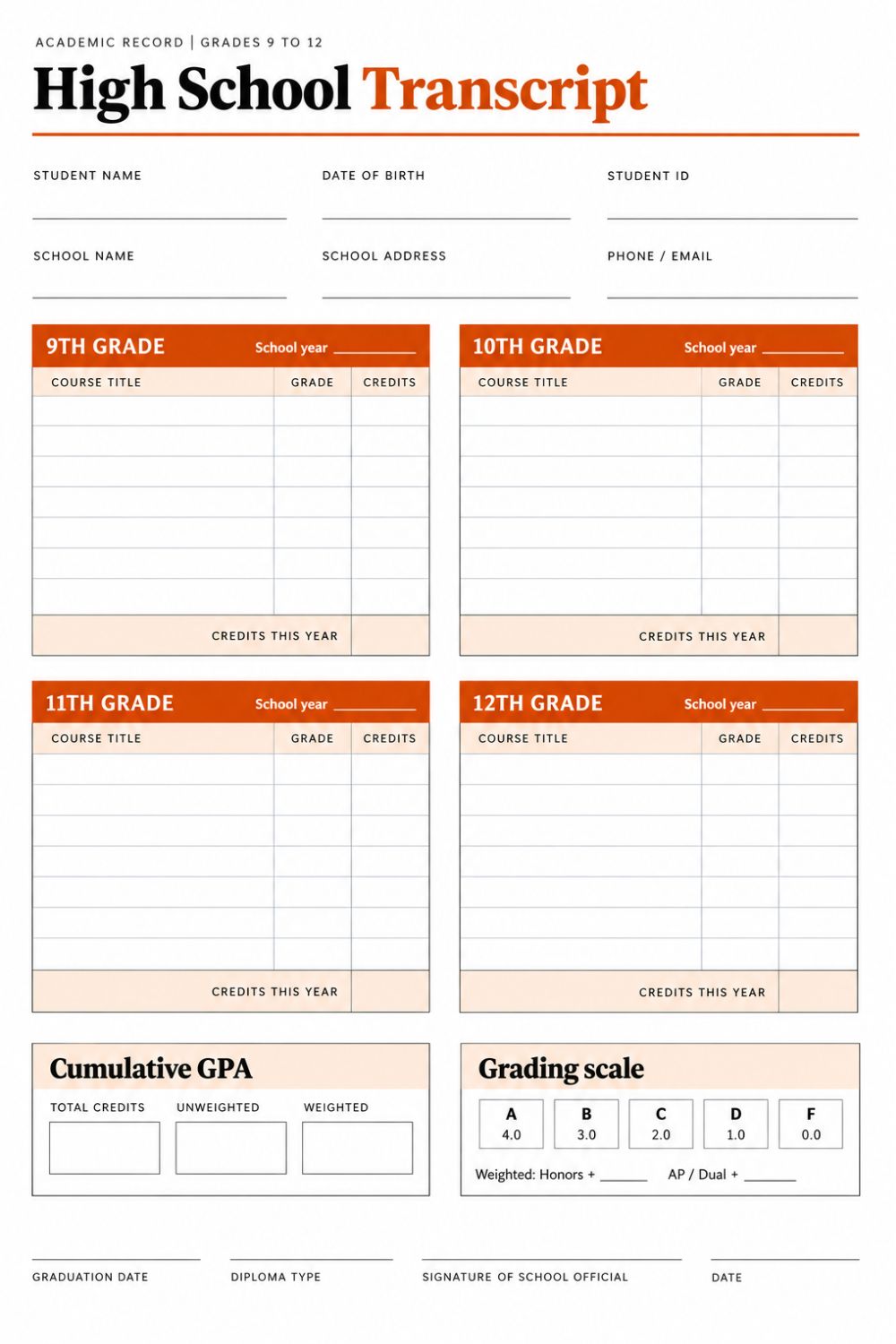 Blank High School Transcript Templates (Printable PDF) - TheHighSchooler