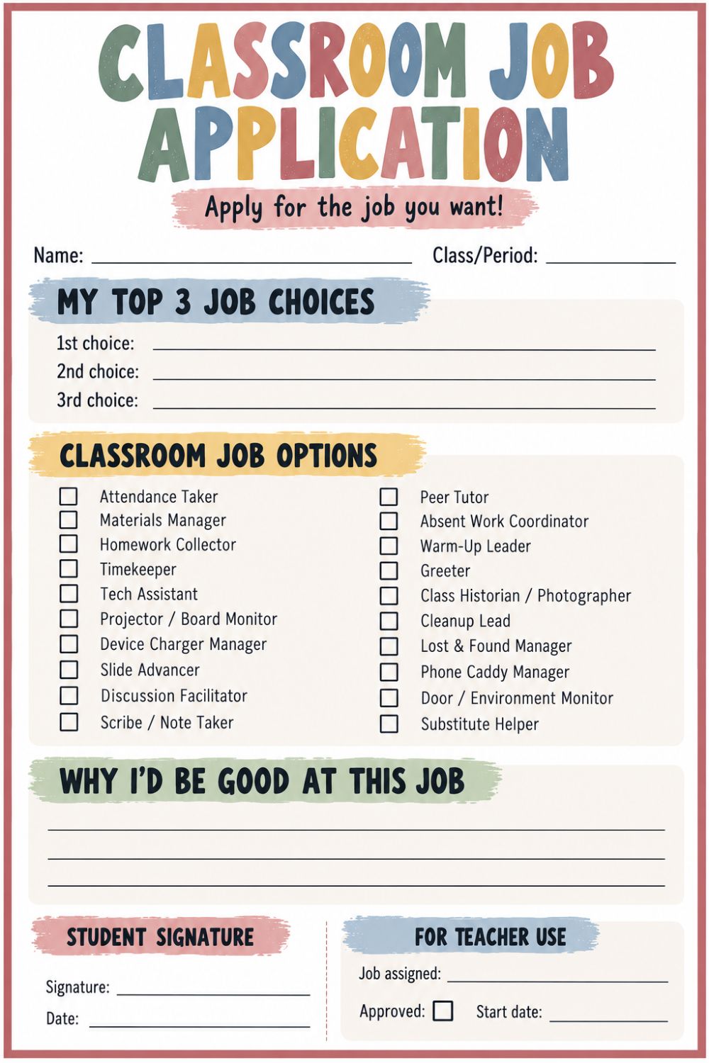 High School Classroom Job Application Form