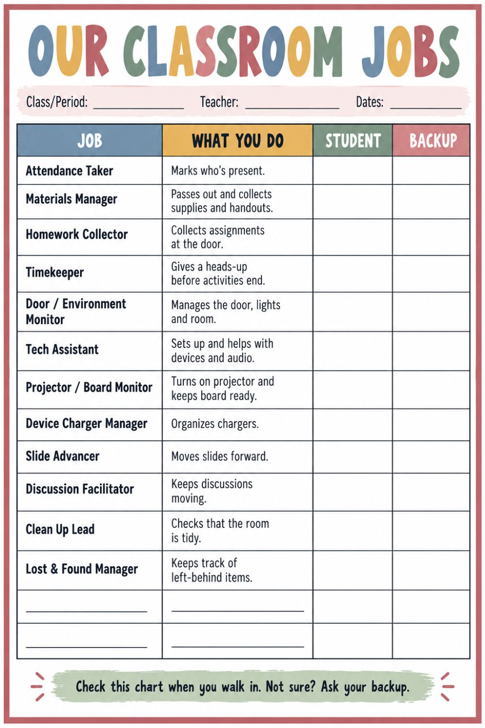 High School Classroom Job Assignment Chart