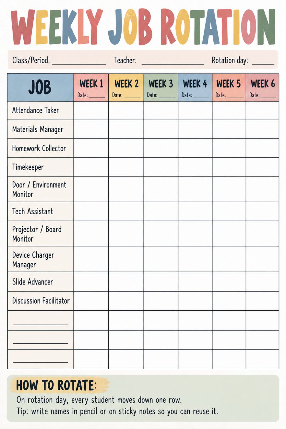 High School Classroom Weekly Job Rotation Chart