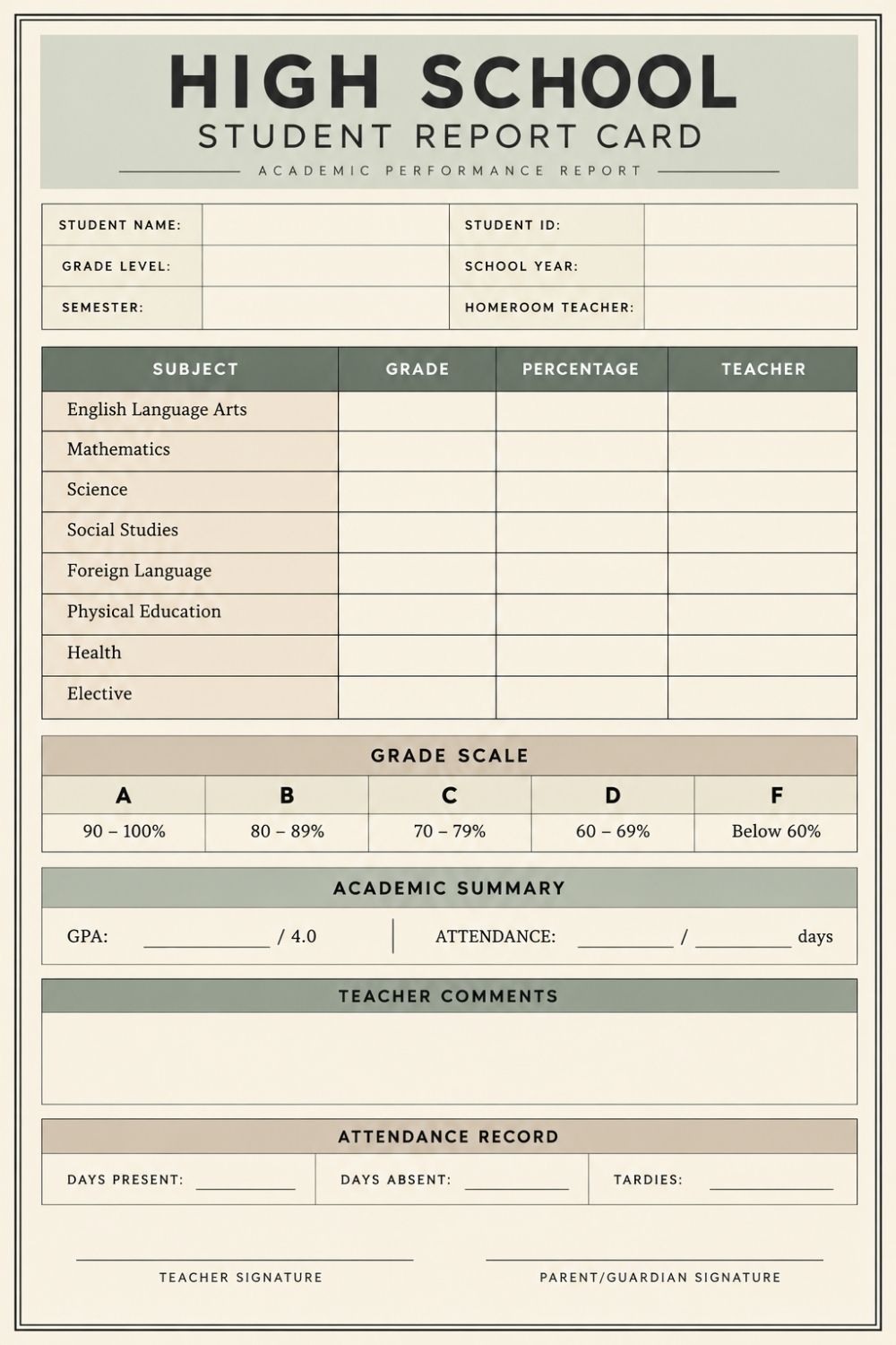 Printable High School Report Card Template