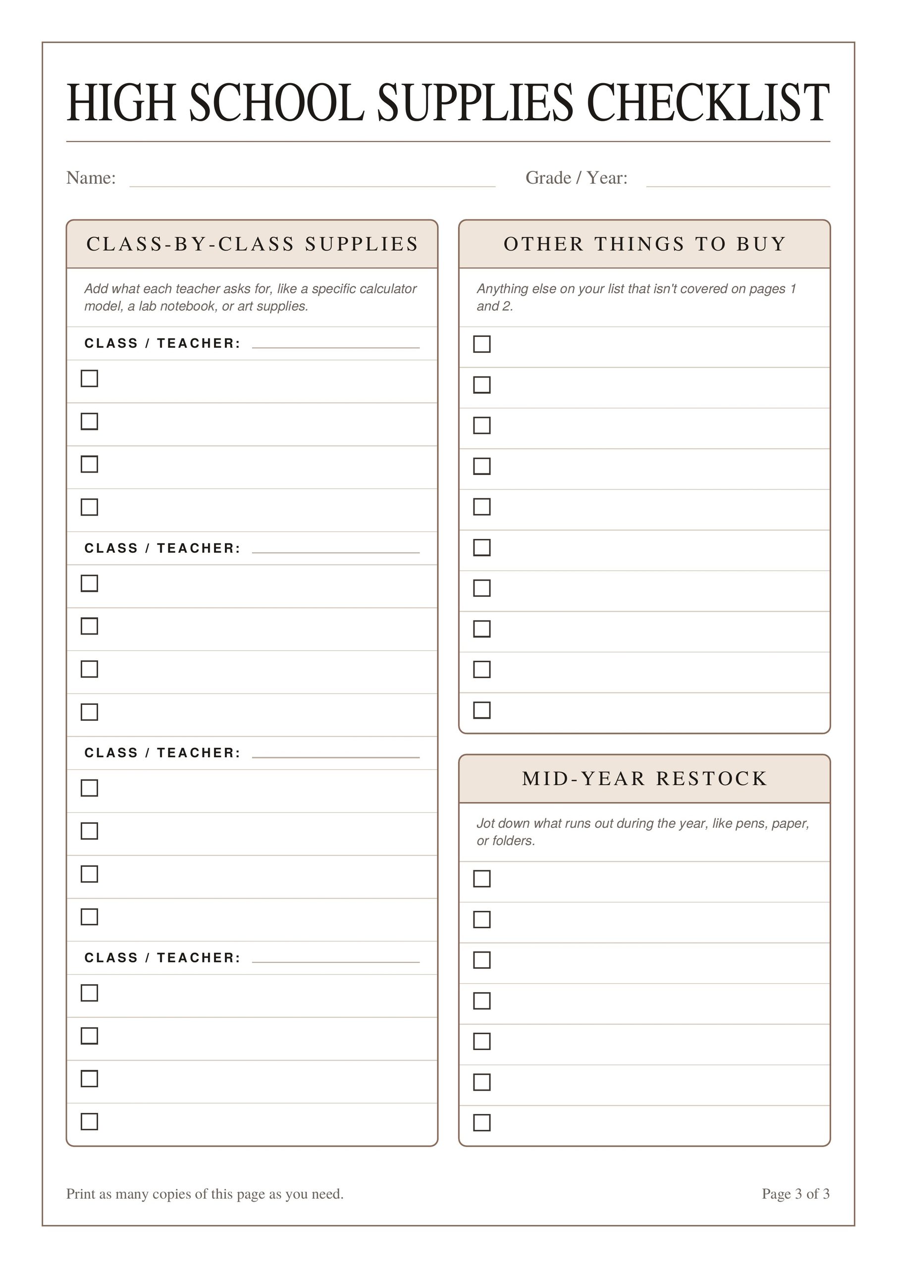 Printable High School Supplies List