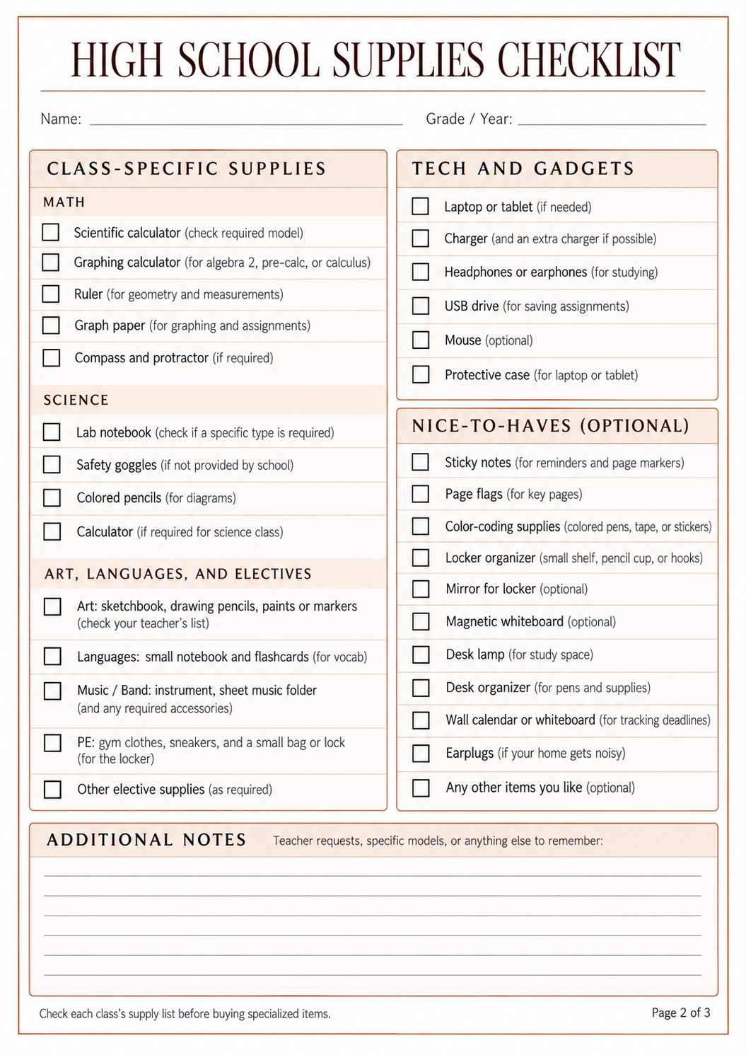 Printable High School Supplies List
