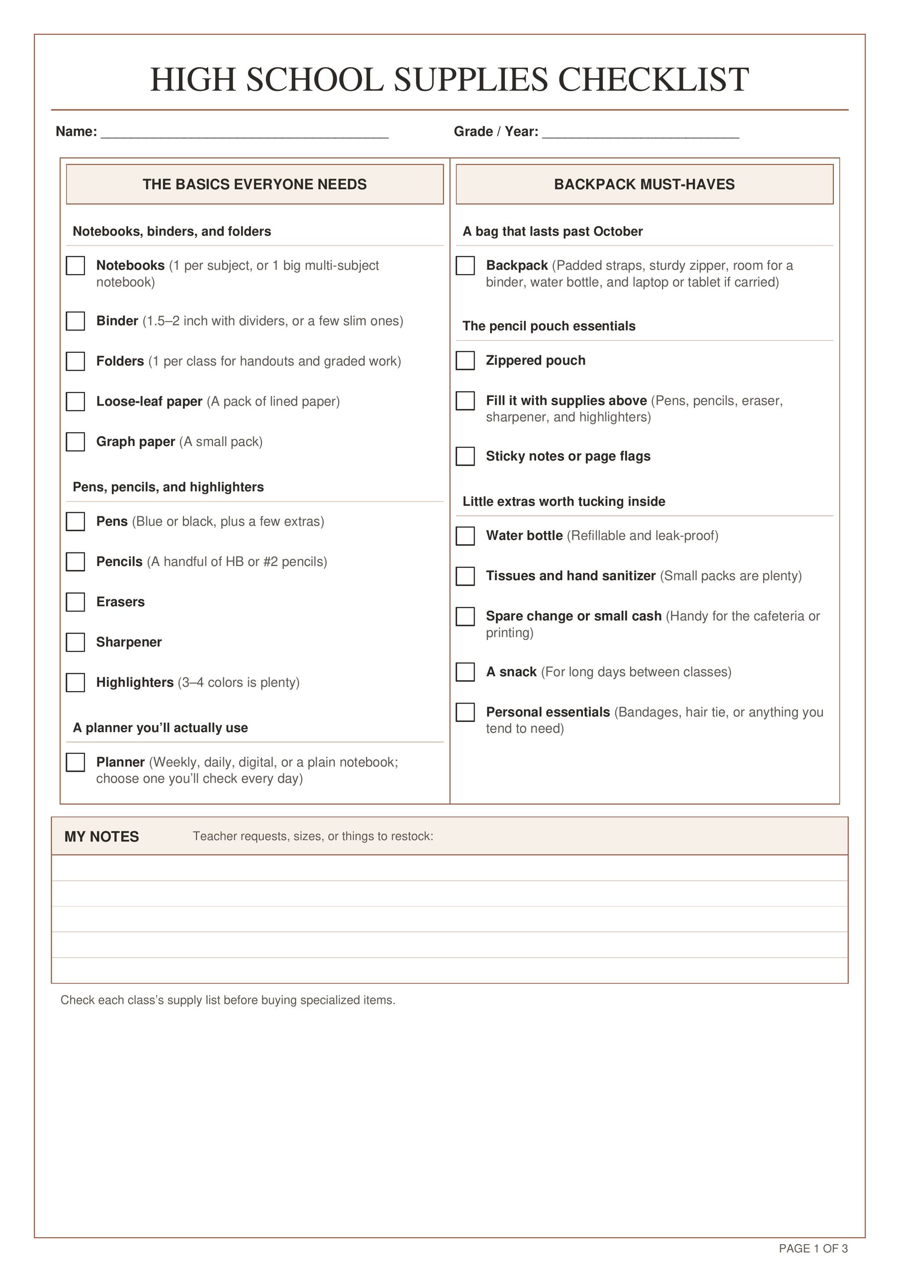 Printable High School Supplies List